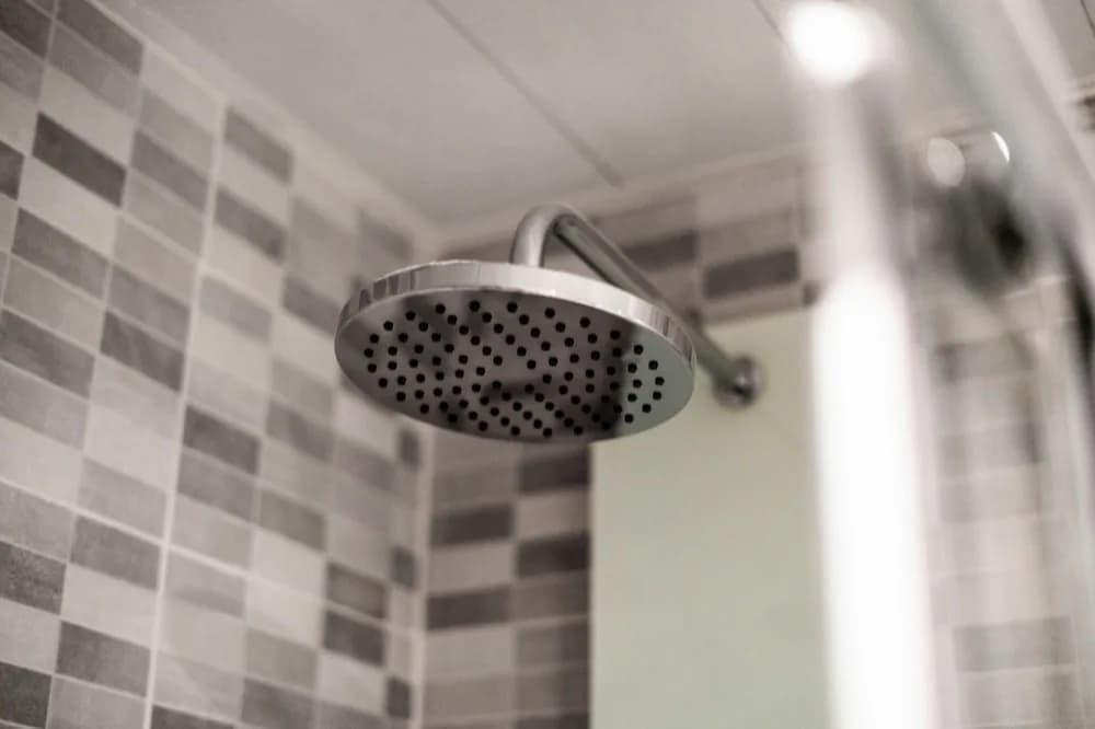 Pomme de douche chromée fixée au mur d'une salle d'eau
