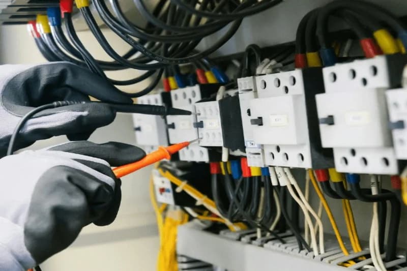 Un tableau électrique ouvert, inspecté par une main gantée